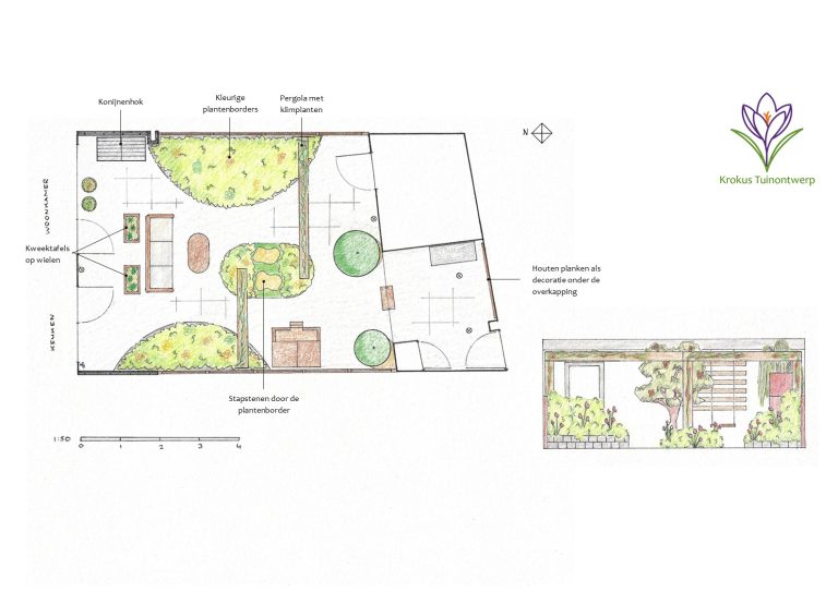 Speelse bloementuin 2D-plattegrond en 3D-impressies